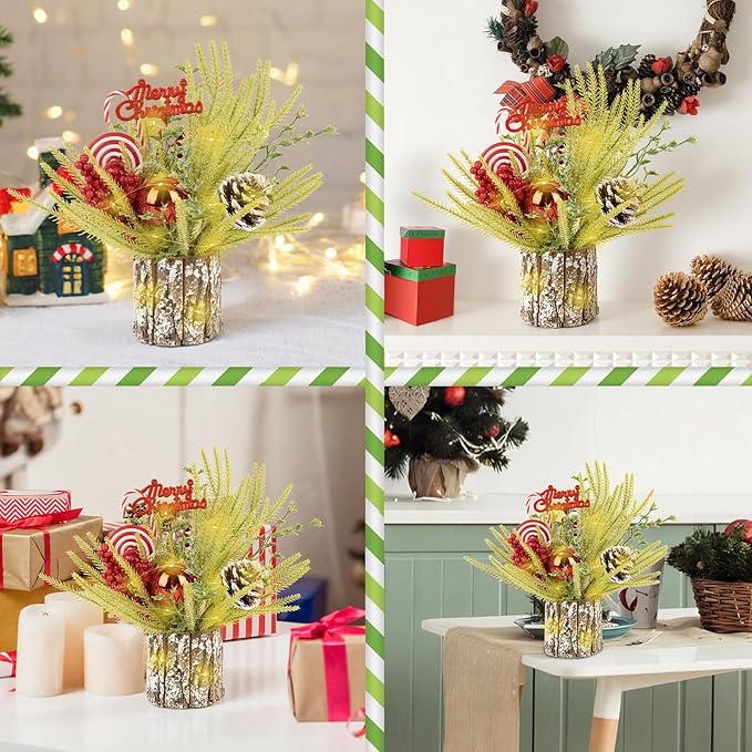 Small Table Top Christmas Tree with Lights, Mini Christmas Tree Decorations with Merry Christmas Candy Canes Pine Cones Berries Balls Ornaments for Home Party Centerpiece Decor, 12Inch, Green