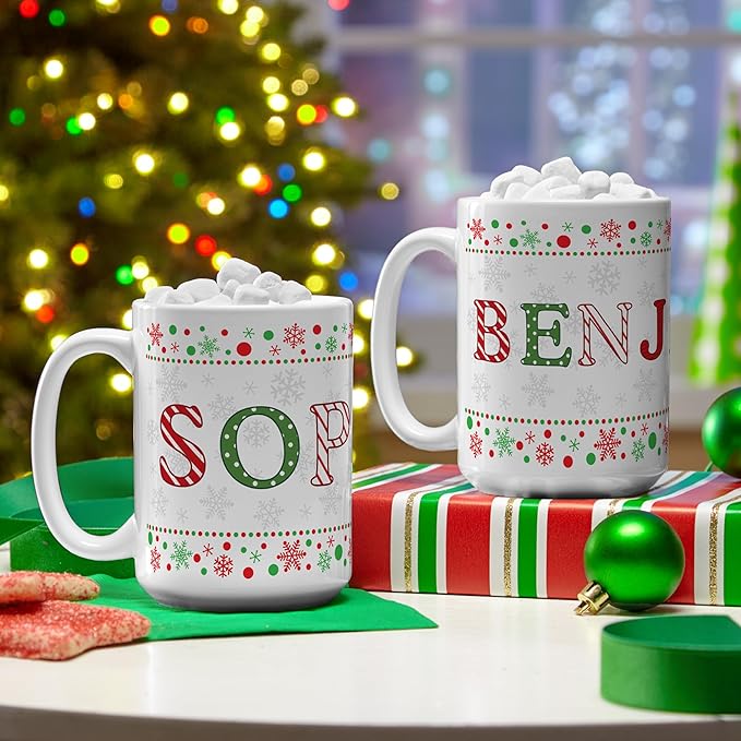 Let's Make Memories Personalized Mug - Festive Ceramic Coffee Mug for Christmas - Stocking Stuffer For Family, Friends, Neighbors - Microwave and Dishwasher Safe - Festive Name - Light - 15 oz.