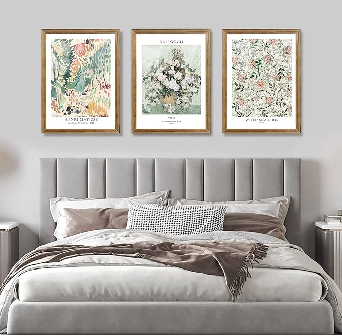 Fantasy Artists Framed Colorful Wall Art Set of 3 Impressionism Henri Matisse Van Gogh William Morris Flower Botanical Abstract Artwork Prints for Living Room Bedroom Bathroom 12" x 16"