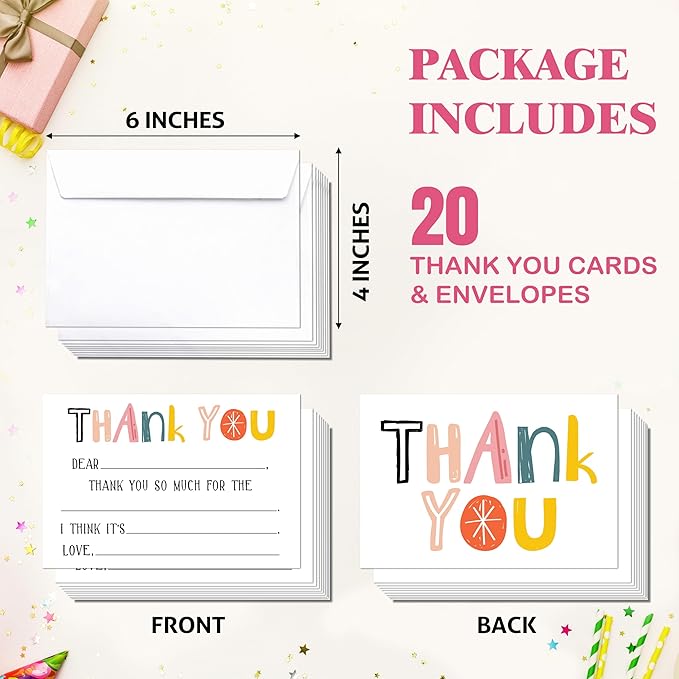 Colorful Kids Thank You Cards, Minimalist Thank You Card For Baby Shower Birthday Party, Kids Birthday Cards Fill In The Blank, 20 Pack Cute Greeting Cards With Envelopes For Boys And Girls, 008