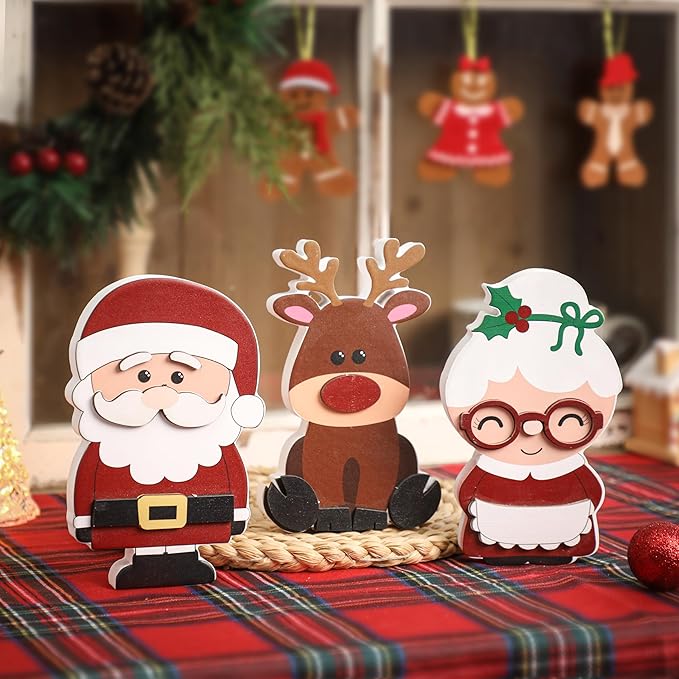 Amorita Wooden Christmas Tiered Tray Decor, 3 Piece Set Santa and Mrs. Claus with Reindeer, Xmas Table Centerpieces -Elegant Santa Christmas Decor for Festive Holiday Table Decorations
