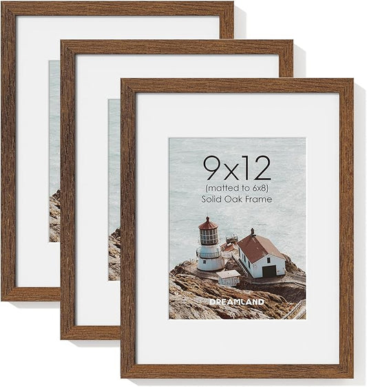 Dreamland Picture Frame 9x12, Solid Oak Wood Photo Frame with Mat for 6x8, 9 x 12 Matted Picture Frames with Resistant Plexiglass for Wall Art Photo and Prints, Walnut Color, Set of 3
