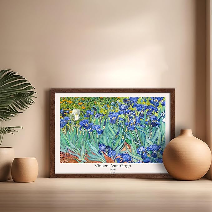 Monem Art Vintage Van Gogh Poster - Retro Irises Print - Impressionism Art - Floral Art - Fine Art - Flower Art - Classic Painting Art - Aesthetic Living Room Wall Decor - 16x20 Brown Framed
