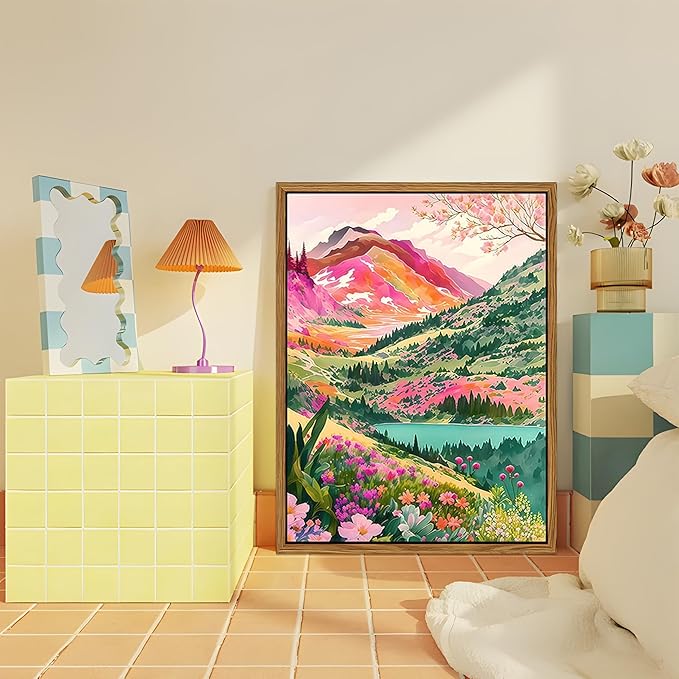 Floating Framed Boho Colorful Mountain Wall Art Set of 3, Abstract Watercolor Landscape Flower Wall Decor Paintings, Modern Nature Sunset Forest Posters Prints for Living Room, Bedroom 12x16 Inch