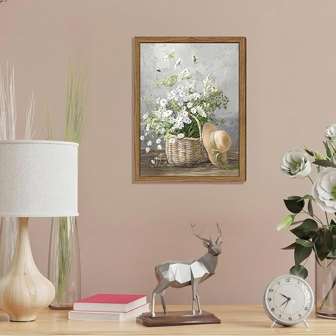 Framed Rustic Daisy Canvas Wall Art, Vintage Farmhouse Floral Pictures Wall Decor, Country Flower Botanical Paintings Prints Aesthetic Home Decor for Living Room Bathroom Bedroom 16X24 inch