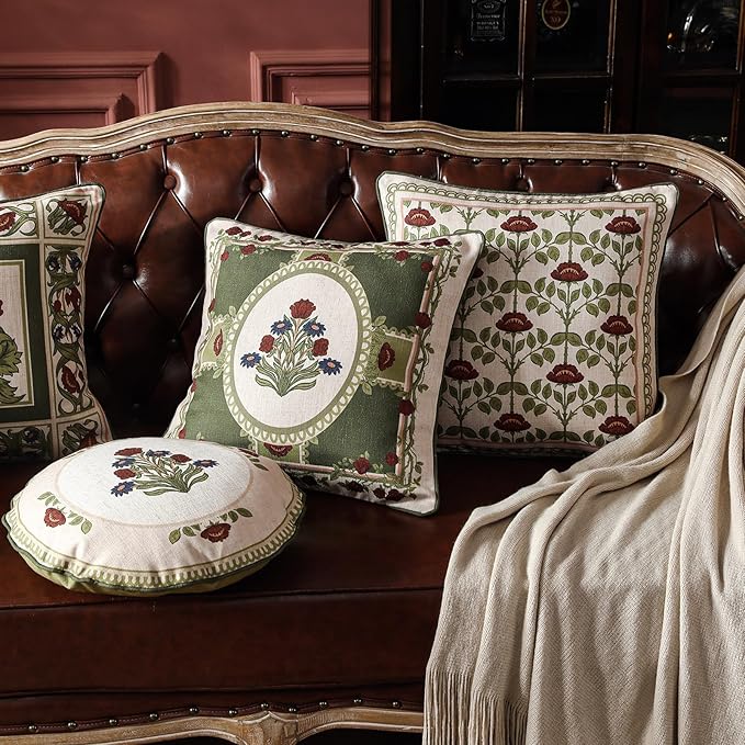 ISAENNE Design Linen Lumbar Square Round Throw Pillow Covers Set of 4, Yellow Green French Cushion Covers with Red Purple Floral Pattern Decoration Pillowcases for Bed, Living Room, Outdoor, Car