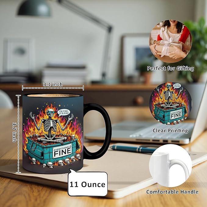Funny Gothic Skeleton Mug 11 oz, Inspirational Gifts for Coworkers Coffee Cups Ceramic, Everything is Fine Motivational Ceramic Mug for Coffee Tea Hot Cocoa Home Office Work