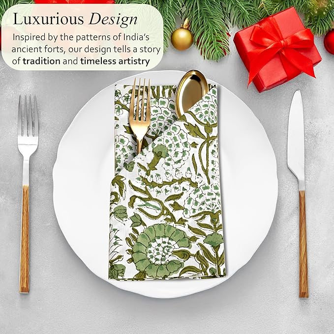 CPC Cloth Napkins 100% Cotton Set of 4 Reusable Napkins, Indian Block Print Toile Floral Dinner Napkin, Fall Thanksgiving Christmas Holiday Party Gift - Soft Absorbent Napkin, 18"x18" Agate Green
