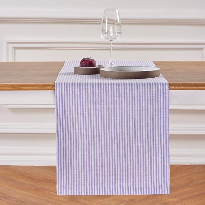 Solino Home Linen Table Runner 72 Inches Long - Narrow Stripe, 100% Pure Linen Lavender and White Table Runner 14 x 72 Inch for Dining, Dresser, Valentines, Spring, Easter