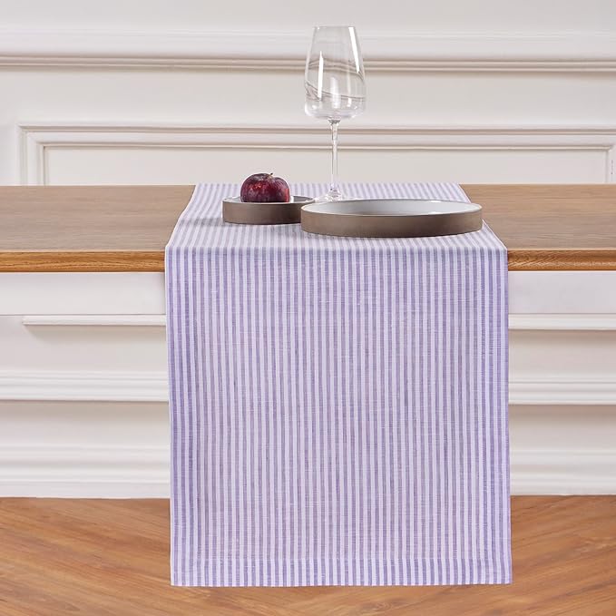 Solino Home Linen Table Runner 108 Inches Long - Narrow Stripe, 100% Pure Linen Lavender and White Table Runner 14 x 108 Inch for Dining, Valentines, Spring, Easter
