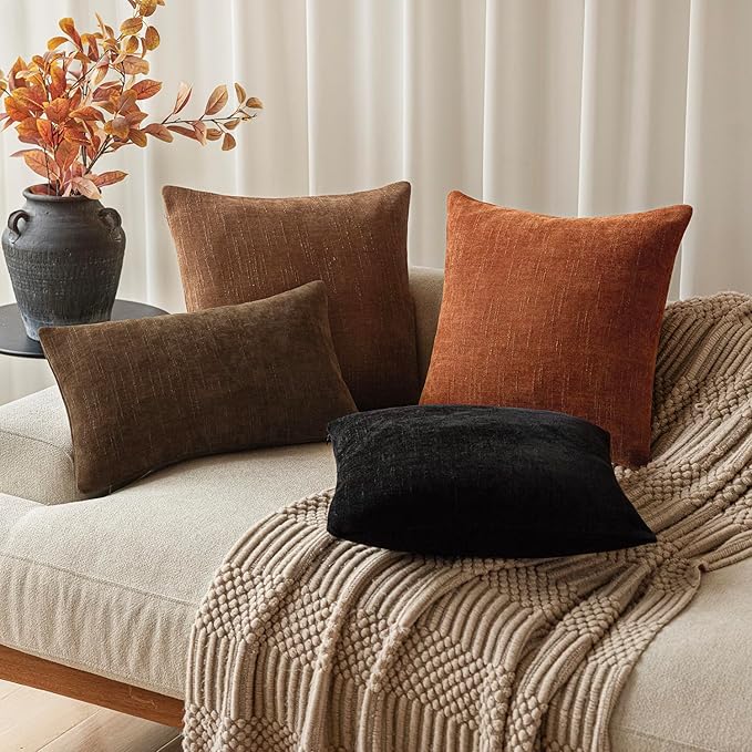 Foindtower Pack of 2 Soft Textured Chenille Throw Decorative Pillow Covers Square Accent Solid Cushion Cover Cozy Neutral Farmhouse Pillow Case for Couch Sofa Bedroom Living Room 26x26 Inch,Orange
