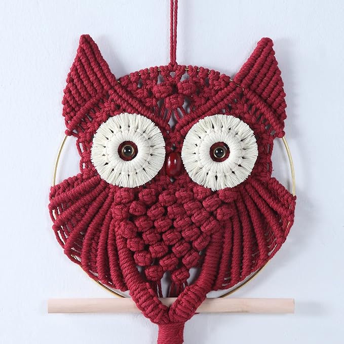 MVSUTA Owl Burgundy Cotton Handmade Macrame Wall Hanging Tapestry Home Decor Art and Red Craft Wonderful Decoration Woven Boho Ornament for Office Bedroom Apartment Living Room Nursery Gallery,1pc