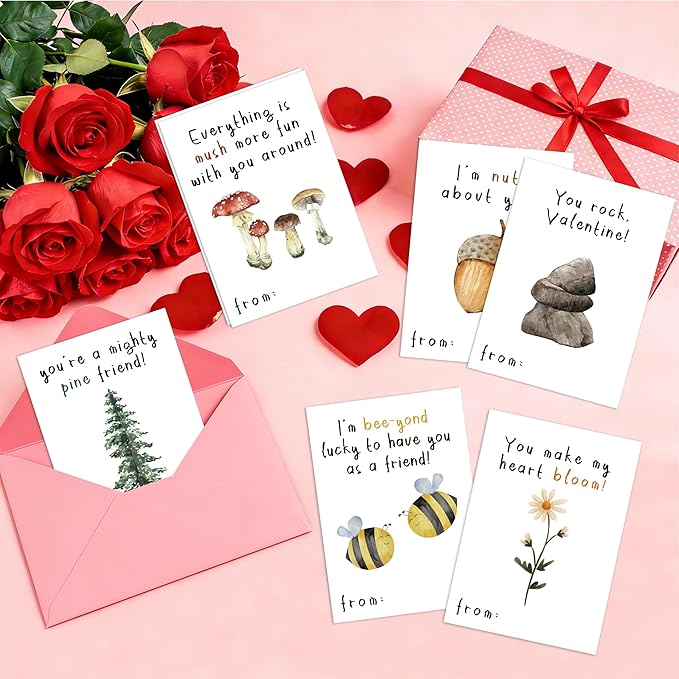Nature Valentine's Day Cards, Nature Pun Cards, 8 Designs, 40 Pack Valentine's Classroom School Exchange Cards for Girls Boys Party Favors