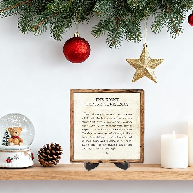 Christmas Shelf Decor, The Night Before Christmas Sign With Stand, Xmas Desk Decor Sign for Farmhouse Home Room Table Shelf, Winter housewarming Gifts for Family Friend Coworker - 01