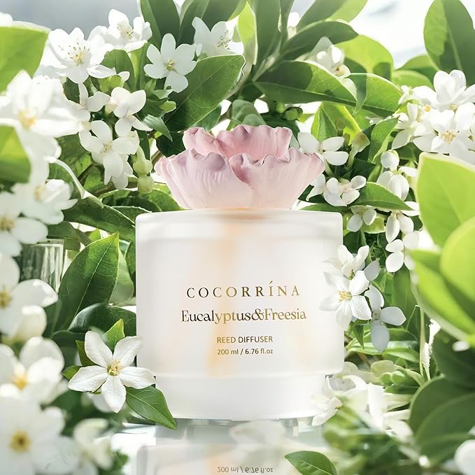 COCORRÍNA Gypsum Flower Reed Diffuser – Eucalyptus & Freesia Scent, 6.76 oz Oil with 8 Sticks, Long-Lasting Home Fragrance for Bathroom Décor