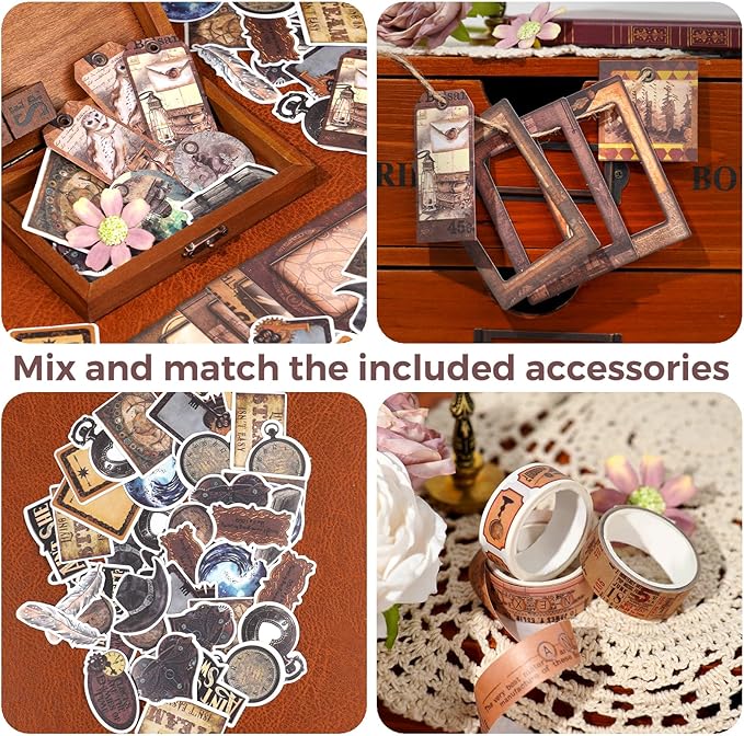 Funto Scrapbooking Kit (185 PCS), Medieval Chapter- Magic Books, Perfect for Bullet Scrapbooking Materials, Planner DIY Craft Collage