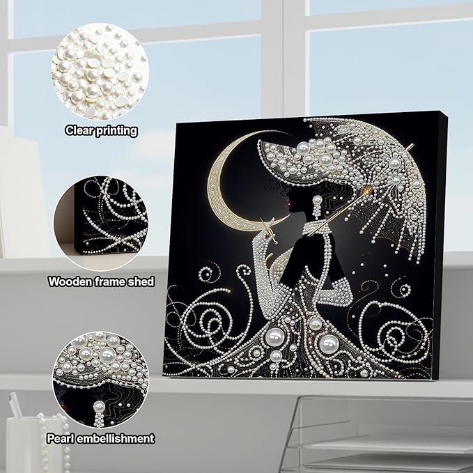 DIY Pearl Painting Kit with Wooden Frame, 3D Plastic Pearl Gemstone Ocean Art Craft for Adults Beginners, Diamond Art Kits for Adults, Home Wall Decor Ready Gift for Women(Moon Umbrella Woman)(30*30cm