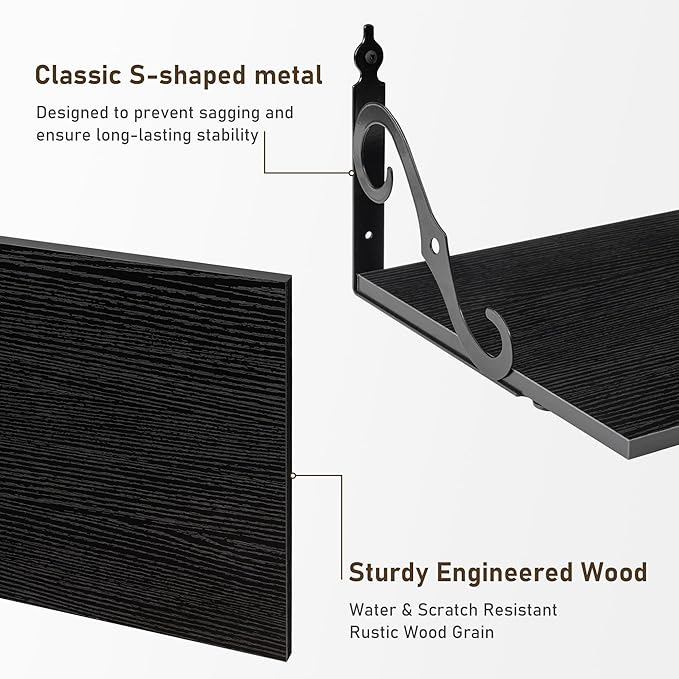 Dreamland Deep Floating Shelves, 48" W x 12" D Wall Shelves Set of 2, Wide Display Shelf Wall Mounted with Brackets, Bookshelf for Living Room, Bathroom, Bedroom, Black