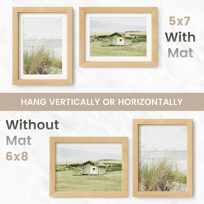 6x8 Picture Frame, USA-Sourced Natural Beech Wood Photo Collage Frame with HD Tempered Glass, Modern Simple 6 x 8 Wooden Frame Matted to 5x7, Gallery Wall Frames for Art, Wall or Tabletop Display