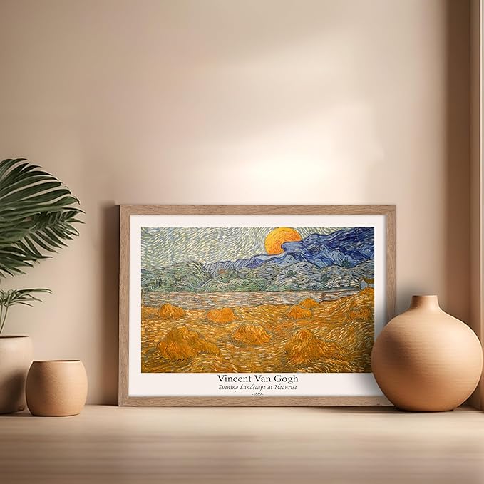 Monem Art Vintage Van Gogh Poster - Retro Evening Landscape at Moonrise Print - Impressionism Art - Fine Art - Classic Painting Art - Aesthetic Living Room Wall Decor - 16x20 Beige Framed