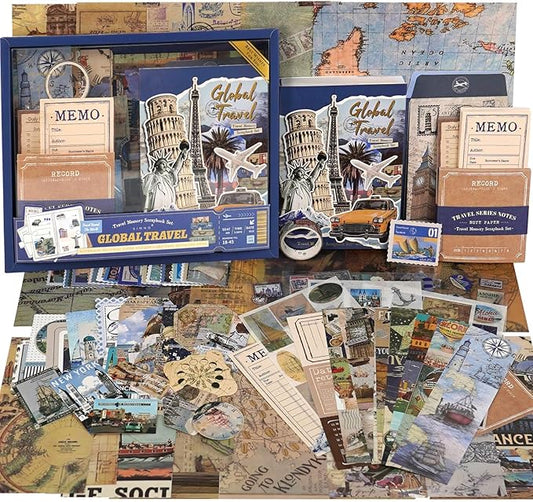 Funto Scrapbooking Kit(154 PCS), Travel Meory Series-Global Travel, Perfect for Bullet Scrapbooking Materials, Planner DIY Arts Craft Collage