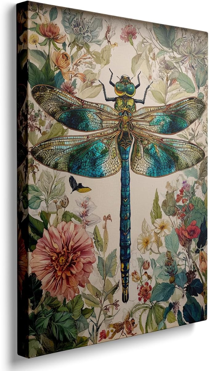 GDSRGXC Vintage Botanical Dragonfly Canvas Wall Art, Turquoise and Gold Insect Print with Floral Background, Nature Home Decor (16''x24'')