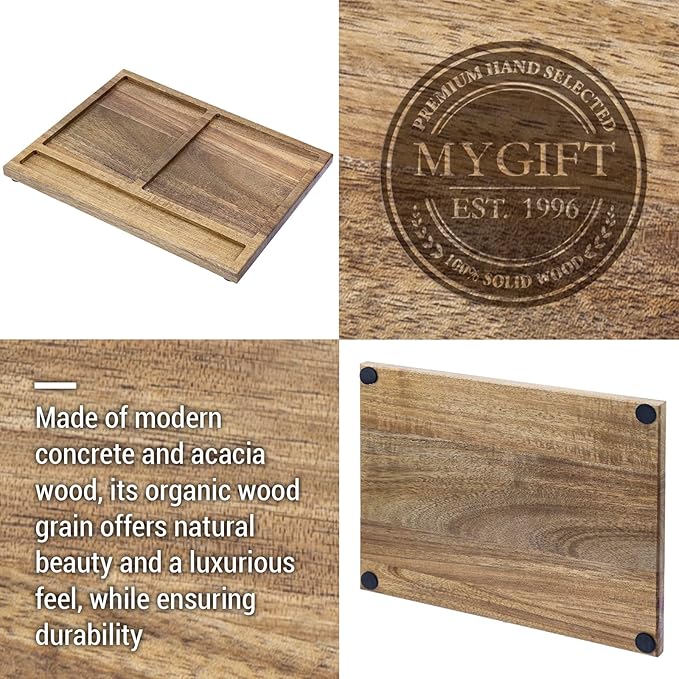 MyGift Modern Concrete Office Desktop Stationery Holder Set with Sticky Note Storage & Acacia Wood Tray – 3-Piece Desk Organizer