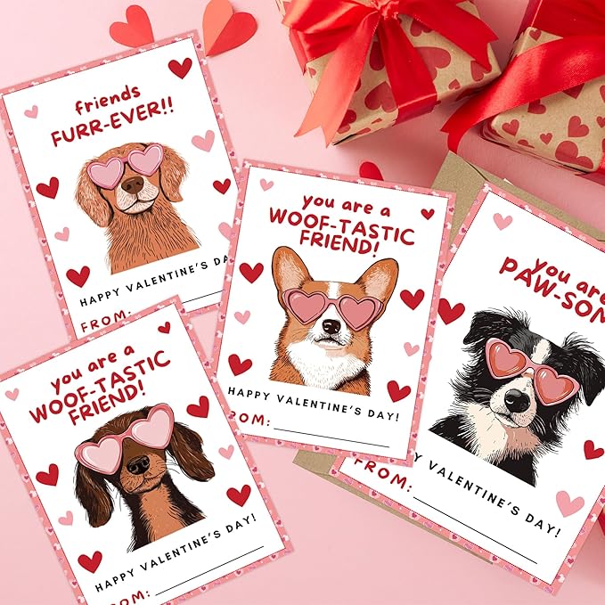 Valentine’s Day Cards for Kids Classroom, 48 Pcs Cute Dog Valentines Exchange Set with Envelopes Heart Stickers, Puppy Valentine Cards for Boys girls School Party Favors Gift Exchange