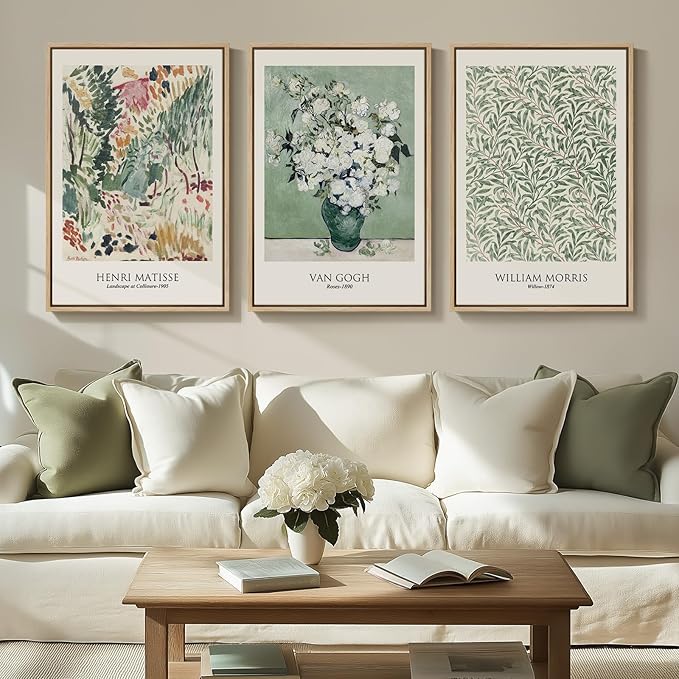 Framed Large Matisse Wall Art for Living Room, Set of 3 Vintage Sage Green Botanical Canvas Prints, Floral Plant Artwork for Bedroom, Hallway, or Home Office Decor, 24x36 Inch