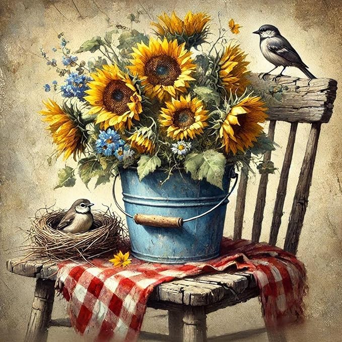 NWQZBYHT Sunflower Diamond Art Kits for Adults,Chair 5D Diamond Painting Kits for Beginner,DIY Round Full Drill Diamond Dots Painting Bird Gem Art for Adults Crafts Home Wall Decor 13.78x13.78 Inch
