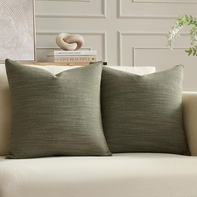 Meekio Set of 2 Linen Look Olive Green Pillow Covers 18x18, Decorative Throw Pillow Covers for Couch, Sofa, Bed & Living Room Decor