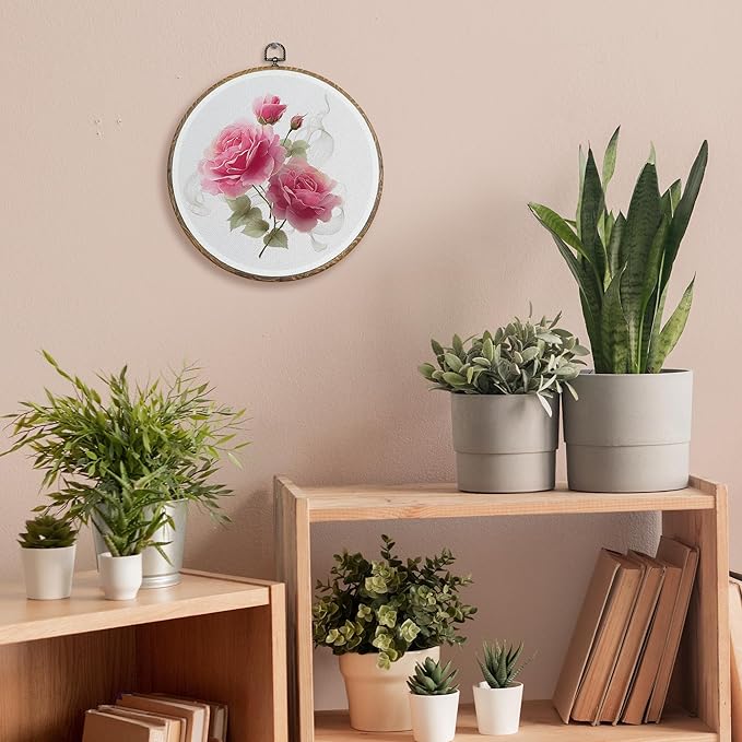FUGWN Vintage Pink Rose Round Wall Art Decor Framed, Cottagecore Floral Canvas Artwork Prints, Rustic Retro Pink Flower Wall Hanging Decorations for Home Bedroom Living Room, 10x10 Inch