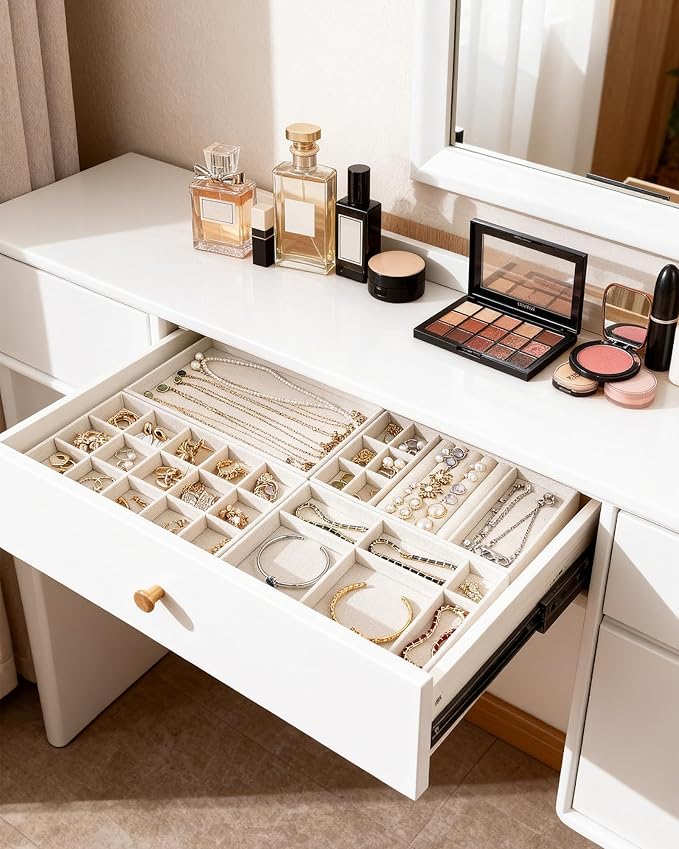 Stackable Jewelry Organizer Trays with Removable Dividers, 4-Tray Beige Jewelry Drawer Organizer Set for Earrings, Necklaces, Rings & Bracelets Gift for Her