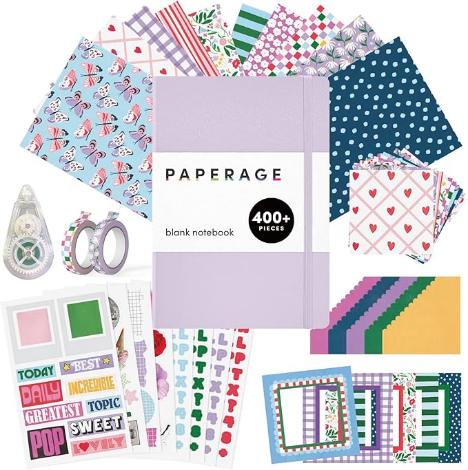 PAPERAGE Junk Journal & Scrapbook Kit, Hardcover Blank Journal Notebook, 20 Patterned Papers, 8 Sticker Sheets, 20 Die-Cut Shapes, 2 Washi Tapes & Tape Roller, Creative Journaling Supplies - Lavender