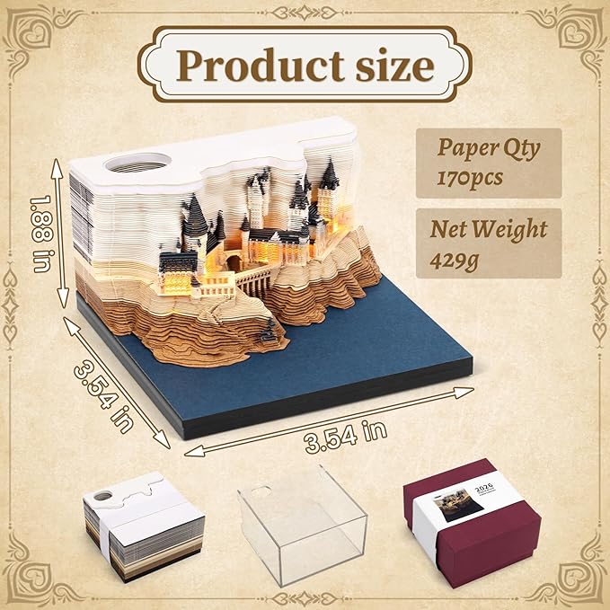 3D Time Piece Calendar 2026 3D Tear Away Mini Desk Calendar with LED Light Art Memo Pad Notepad Desktop Decoration Gift for Christmas (With Weekly Calendar & Light)