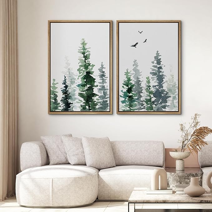 SIGNWIN Framed Wall Art Print Set Watercolor Green & Gray Forest and Birds Nature Wilderness Illustrations Modern Art Rustic Relax/Calm Multicolor for Living Room, Bedroom, Office - 16"x24"x2 Natural