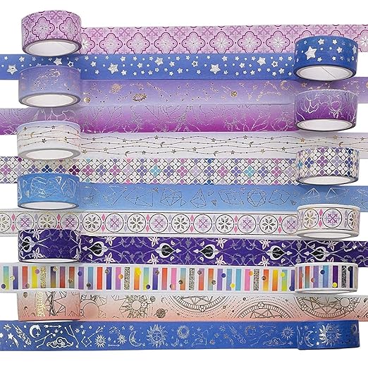 12 Rolls Galaxy Washi Tape Set Bronzing Starry Night Decorative Masking Tape for Scrapbooking, Bullet Journal, Planner, DIY Crafts, Gift Wrapping