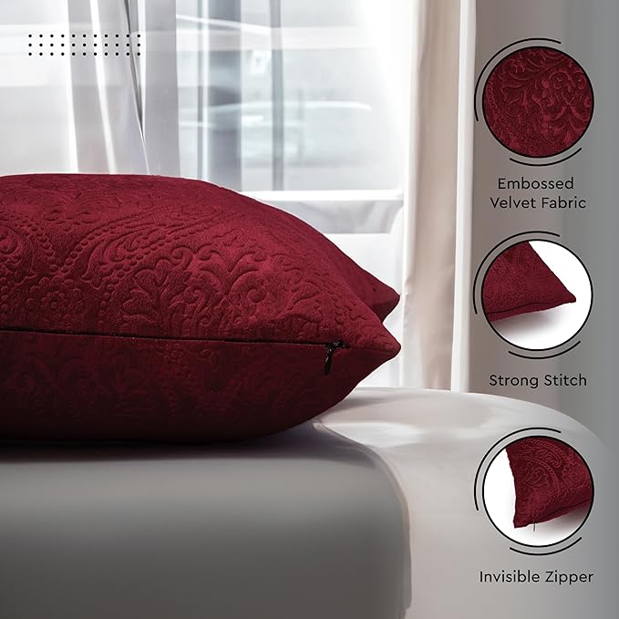 Encasa Luxury Embossed Velvet Cushion Covers - Plush Throw Pillow Covers for Elegant Living Rooms & Bedrooms, Machine Washable, 18x18 Maroon | Set of 2 | Covers Only No Insert.
