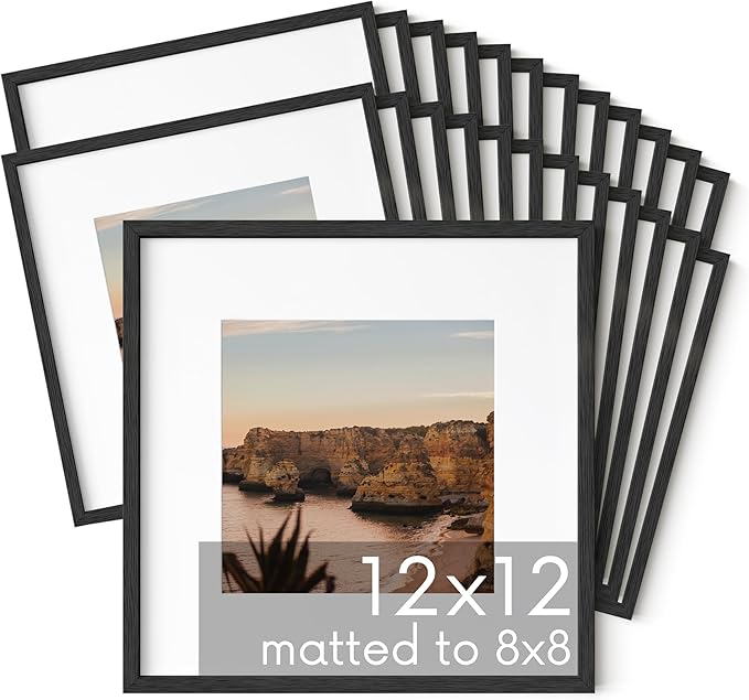 HAUS AND HUES Black Oak Wood 12x12 Picture Frames - Set of 25, Square Frames with Mat, Elegant Frames for Wall Gallery (12x12 in, Black, Set of 25)