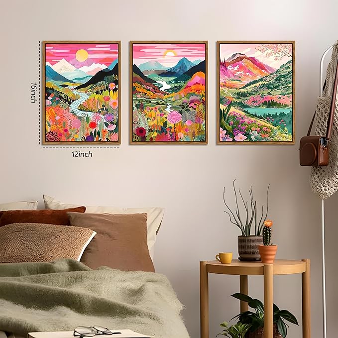 Floating Framed Boho Colorful Mountain Wall Art Set of 3, Abstract Watercolor Landscape Flower Wall Decor Paintings, Modern Nature Sunset Forest Posters Prints for Living Room, Bedroom 12x16 Inch