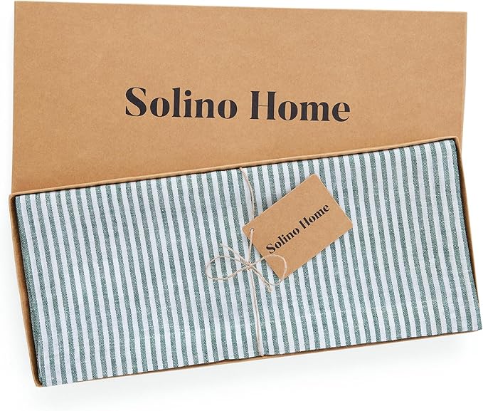 Solino Home Linen Table Runner 36 Inches - Narrow Stripe 100% Pure Linen Rainforest and White Table Runner 14 x 36 Inch Ideal for Dresser and Coffee Tables - St Patricks Day