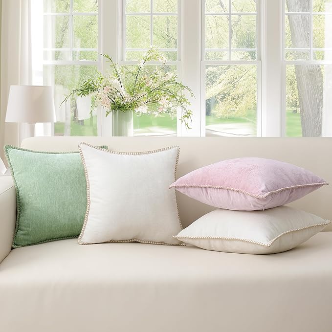 decorUhome Spring Chenille Soft Throw Pillow Covers 12x20 Set of 2, Lumbar Velvet Farmhouse Neutral Decorative Pillow Covers with Stitched Edge for Couch Sofa Bed Home Decor, Sage Green