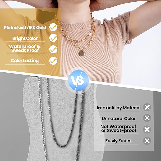 18k Gold Plated Stainless Steel Necklace Chains for Jewelry Making 49FT 8 Style Gold Necklace Chains Bulk with Lobster Clasps and Jump Rings Connectors for DIY Necklaces Bracelet Jewelry Making
