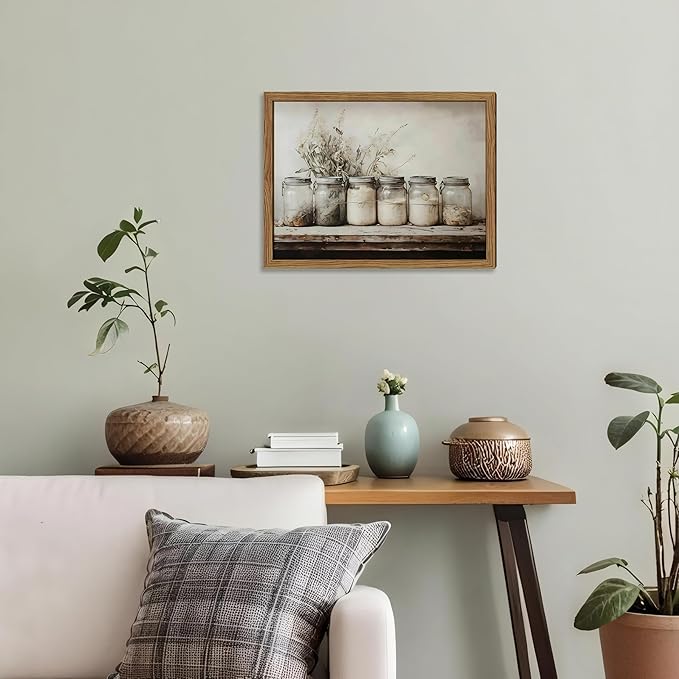 Framed Vintage Kitchen Canvas Wall Art, Rustic Farmhouse Mason Jar Pictures Wall Decor, Country Spice Still Life Paintings Prints Home Decor Artwork for Dining Room 12x16 inch