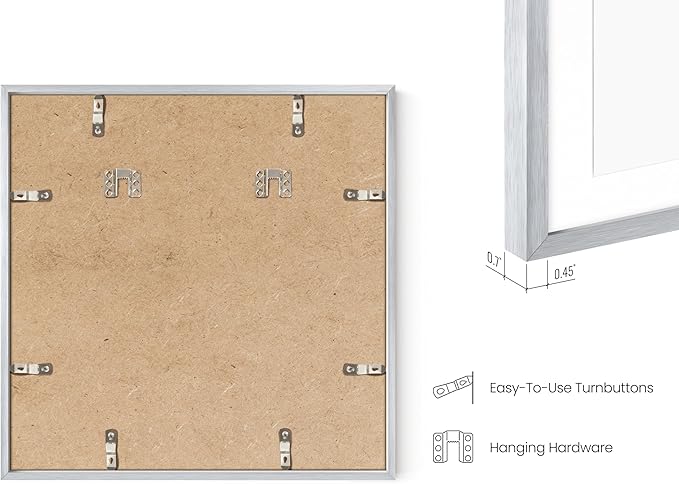HAUS AND HUES 16x16 Silver Metal Picture Frames Matted to 12x12 - Premium Aluminum with Hanging Hardware, Shatterproof Plexiglass - Ideal for Home or Office (16x16 in, Silver, Set of 4)