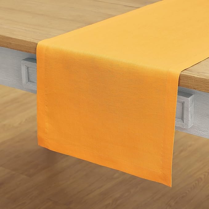Solino Home Linen Table Runner 108 Inches Long - 100% Pure Linen Tangerine Yellow Dining Table Runner 14 x 108 Inch for Spring - Fete