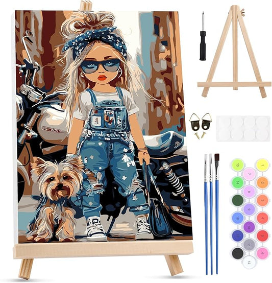 MXJSUA Motorcycle AMD Dog Framed Paint by Numbers for Adults Beginners, Easy Adults' Paint-by-Number Kits on Canvas with Easel, Acrylic Number Painting Crafts Kits Gifts for Home Decor, 8x12inch