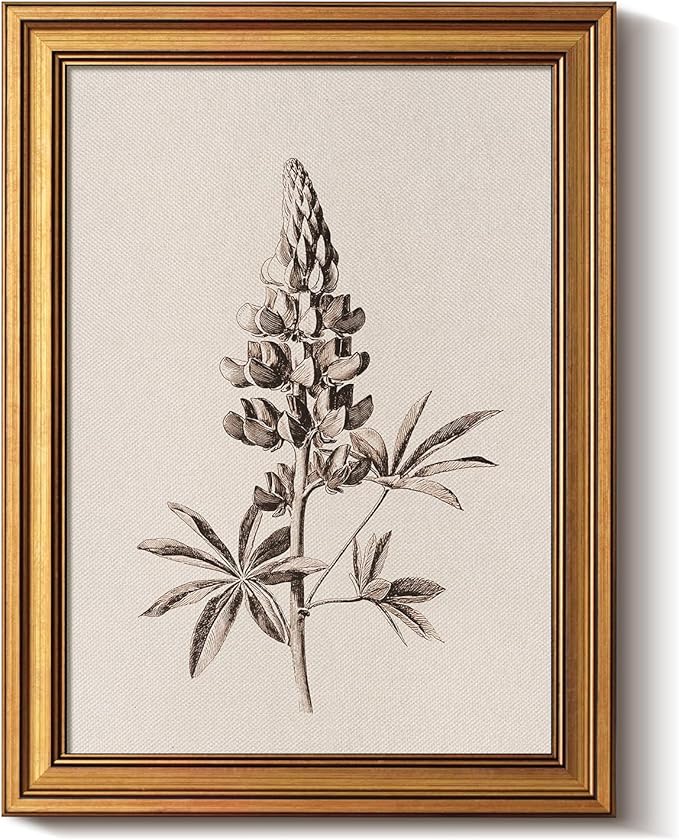 Bzstyleart Vintage Wall Art Decor for Living Room,Upinus Texensis Flowers Painting,Gold Framed Artwork,Sketching Painting Picture,Bedroom Wall Art for Home Decor Aesthetic,12L x 16W