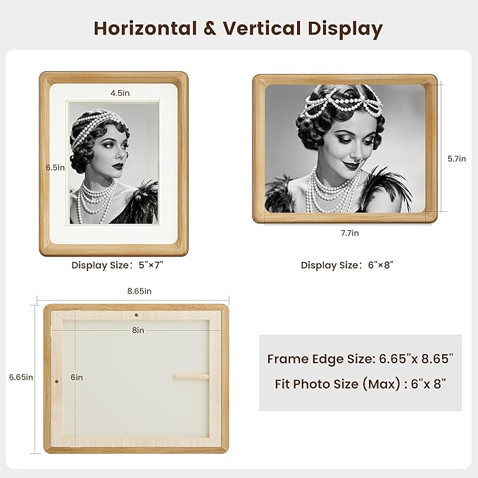HELPLEX 6x8 Premium Picture Frame Set of 2 - Solid Oak Wood with HD Tempered Glass, Convertible 5x7 Matted or 6x8 Frameless Display, Wall or Tabletop Frame - Home Gallery, Memories Made Easy
