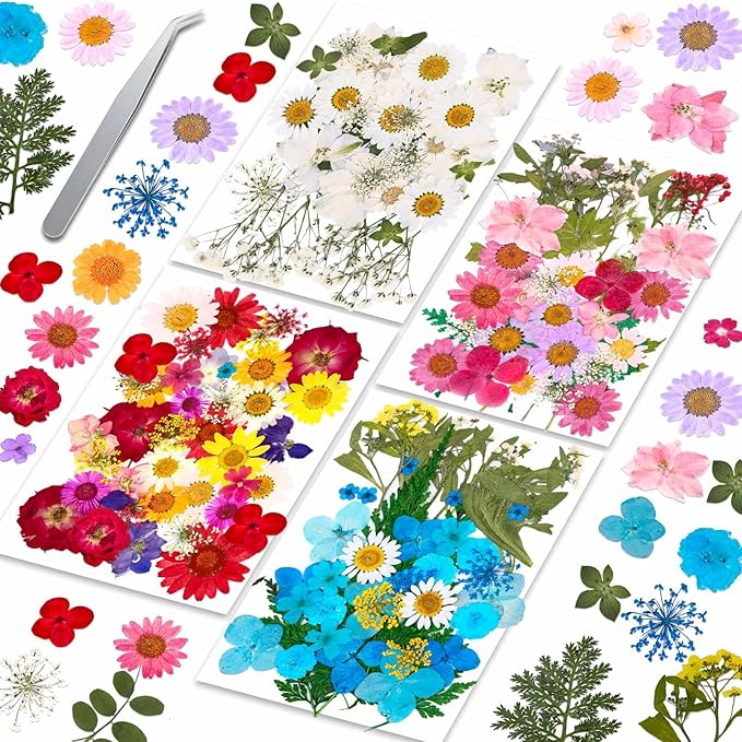 153 Pcs Dried Pressed Flowers for Crafts, Real Pressed Wildflowers Natural Dry Leaves Bulk with Tweezer for Epoxy Resin Jewelry Molds, Candle Soap Making, Scrapbook, Bookmark, Nails Decor